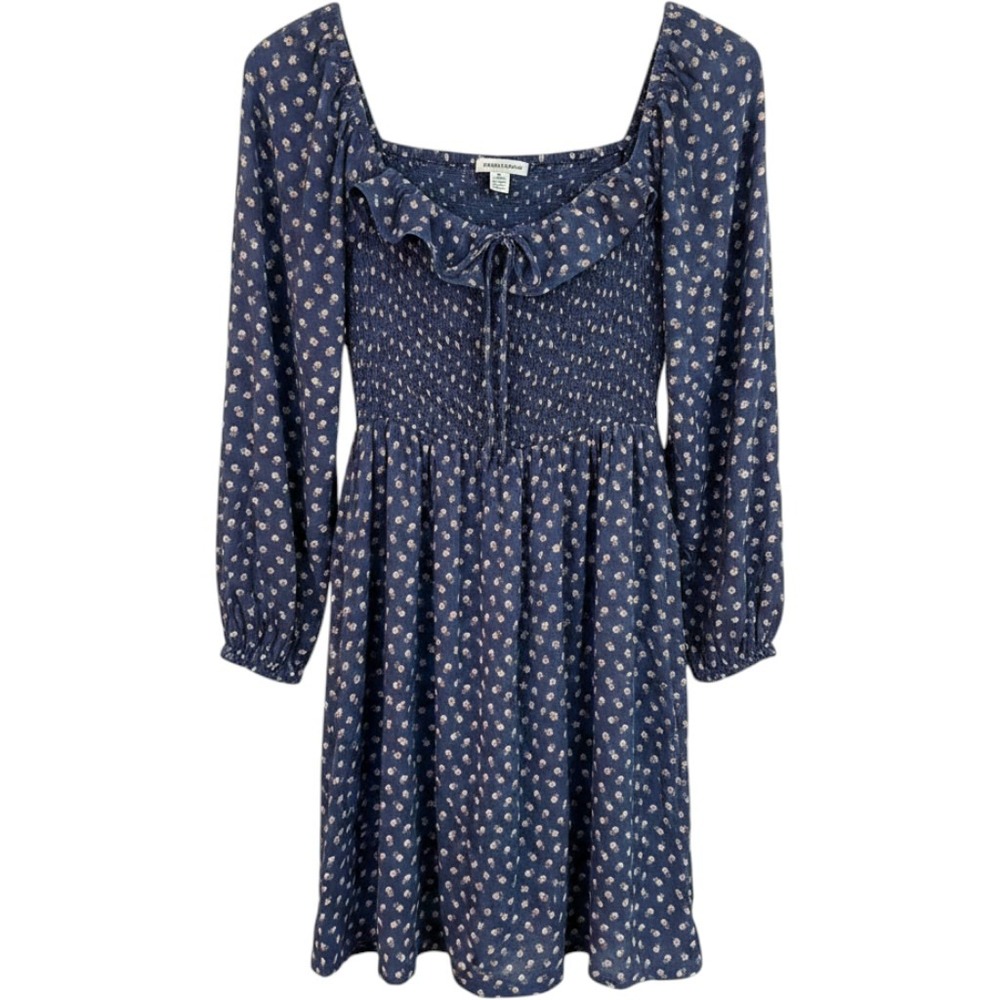 American Eagle Blue Floral Smocked Mini Dress Long Sleeve Ruffle Neck Small